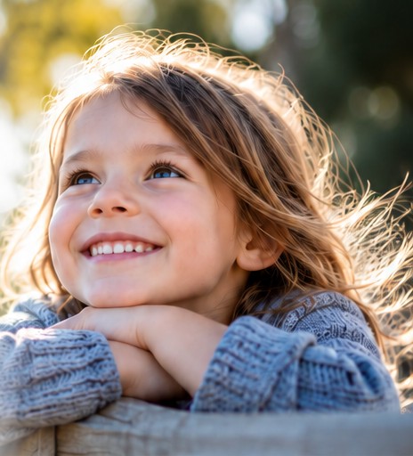A smiling young girl resting her chin on her hands, looking up hopefully